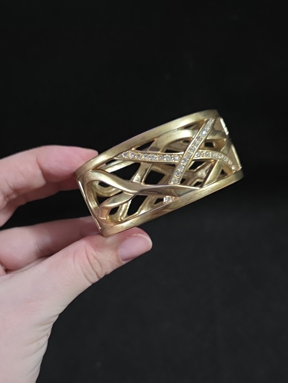 Gold Toned Openwork Cuff Bracelet with Crystal Accent